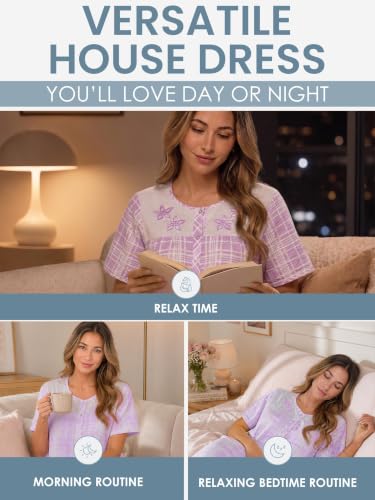 Image of Casual Nights Women's Snap - Front House Dress Short Sleeve Woven Housecoat Duster Lounger Robe with Pockets
