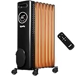 hykolity 1500W Electric Oil Filled Radiator with Remote,4 Modes Portable Full Room Radiant Space Heater, Digital Thermostat, Led Display, Child Lock, Overheat & Tip-Over Protection, 24H Timer, Black