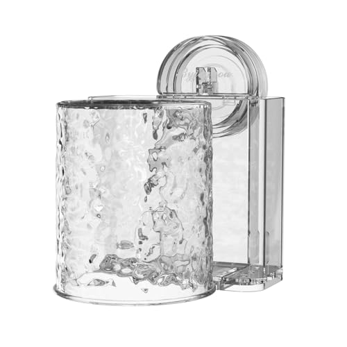 歯ブラシスタンド 浮かせる (強力真空吸盤/多機能収納) うがいコップ 歯磨きコップ 一体化 洗面所 衛生的 歯ブラシ&剃刀収納 すっきり整理 (とうめいしょく)