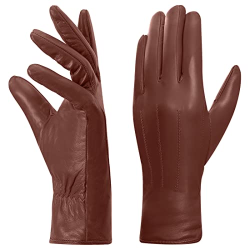 Harssidanzar Damen Leder handschuhe, Winter Warm Fleecefutter Touchscreen Vintage Finished GL018EU,Cognac, Größe S