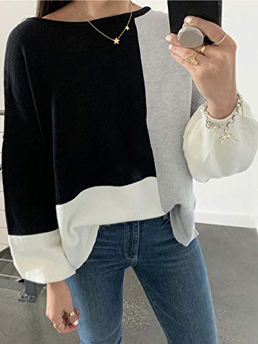 Ecowish Women Sweater Long Sleeve Color Block Knit Pullover Sweaters Crew Neck Patchwork Casual Loose Jumper Tops Black Medium #TOP5
