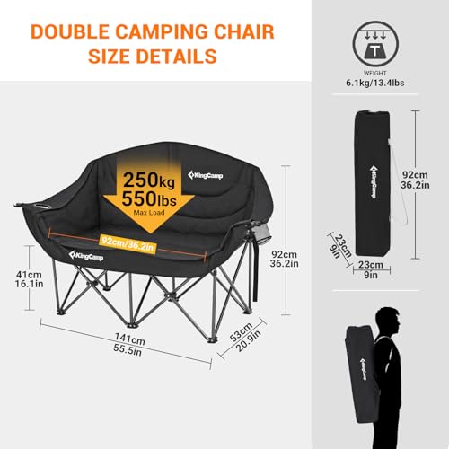 KingCamp-Double-Camping-Chair-Oversized-Loveseat-Camping-Couch-Heavy-Duty-Outdoor-Folding-Chair-with-Cup-Holder-Wine-Glass-Holder-Support-550-lbs-for-Outside-Picnic-Beach-Travel-Deep-Black