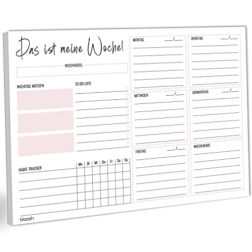 blaash® Wochenplaner Block DIN A4 ohne festes Datum | 50 Seiten Planer mit Wochenübersicht & Habit-Tracker für Termine, Aufgaben& Notizen | Organisation & Motivation im Alltag | Rosa