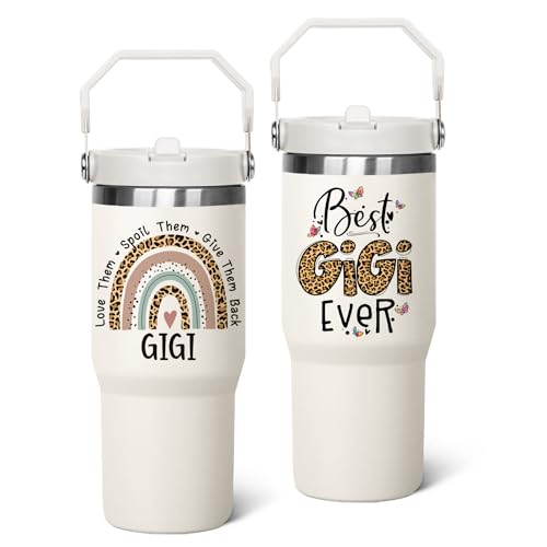 qwpmvhsak 30 oz Gigi Tumbler with Handle Lid and Straw, Best Gigi Ever Vacuum Insulated Reusable Travel Coffee Mug CupTumbler,Mothers Day Gifts for Grandmother