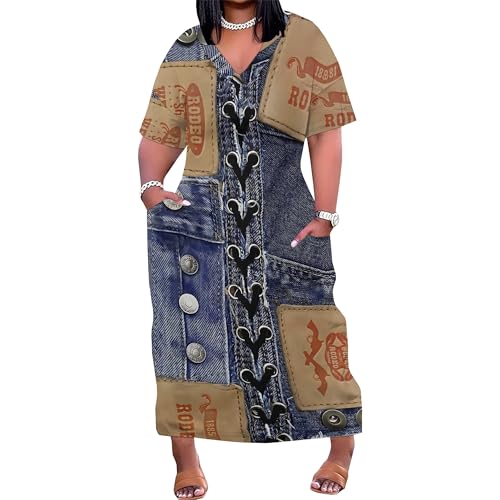 SUZONANA Plus Size Denim Print Shirt Maxi Dresses for Curvy
