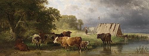 Tableau repos du troupeau de vaches au bord du lac art impression sur toile salon rustique chic