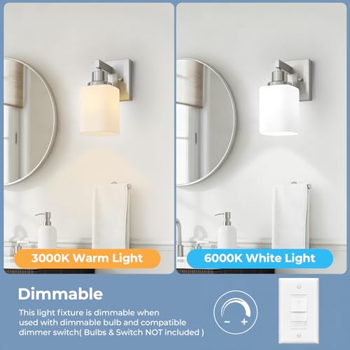 Image of Bathroom Wall Sconces Set of 2,Brushed Nickel Wall Sconce,Vanity Light with Square Frosted Glass Wall Mounted Light Fixture,Farmhouse Wall Lamp for Bedroom Living Room Mirror Hallway