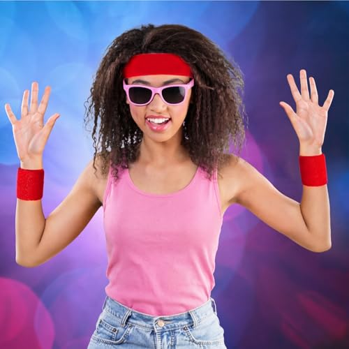 Image of Bememo 6 Pcs Neon Sports Sweatbands Set Sports Competitions Sweatbands 2 Headband 4 Wristbands Breathable Terry Cloth Athletic Bands for Team Soccer Spirit 80s Costumes Cosplay