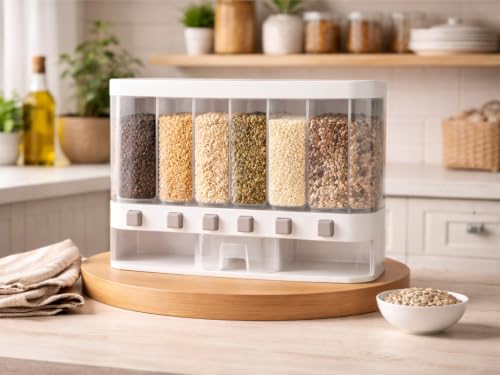 Image of Plastic Space-Saving 6 Grid Wall Mounted Food Dispenser Dry Food Storage Organizer for Rice Nuts Grains Snacks Coffee and Candy.