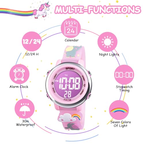 Vicloon Kids Watch, Toddler Digital Watch, Digital Watch LED Electrical Watches 7 Color Lights Watch Sport Outdoor with Alarm Stopwatch Unicorn Toys Gift for 6-12 Year Girls Children Wristwatch4