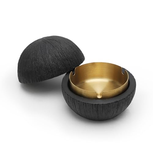 Cement Desktop Mülleimer mit Deckel, Zeitgenössischer Stil Aschenbecher, Beton + Edelstahl Inneneimer, Leicht Zu Reinigen, Winddicht Ø10cm, Outdoor-Mülleimer Für Garten & Balkon (Schwarz)