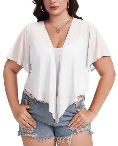 Image of Women Crop Cardigan Sheer Mesh Bolero Shrugs for Dresses Plus Size Tie Front Cardigans Ruffled Short Sleeve Tops