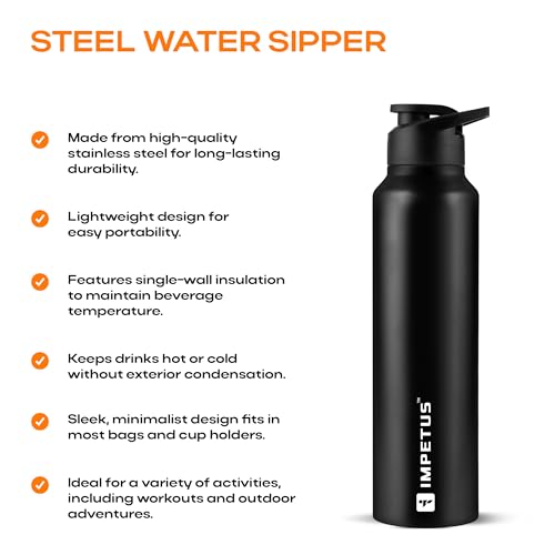 Image of IMPETUS Stainless Steel Water Bottle Sipper 1L (1000ml) Leakproof, Rust free metal bottle & Lightweight Best use for Gym, Office, School, Travel & Fridge- Black