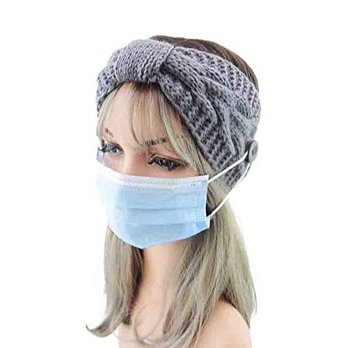 Knitted Winter Twist Warm Wool Headband with Buttons for Face Mask Cover for Unisex (Grey)