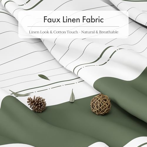 Image of AmazerBath Boho Shower Curtain Set, Rustic Faux Linen Sage Green Striped Shower Curtain with Hooks, Modern Farmhouse Shower Curtain with Tassels, White Base Toned, 72x72 Inches
