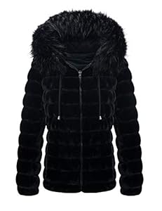 Giolshon Veste Polaire Double Face en Fausse Fourrure pour Femme, Le Manteau Matelassé Léger à Capuche Avec col en Fourrure 19225 Noir XL