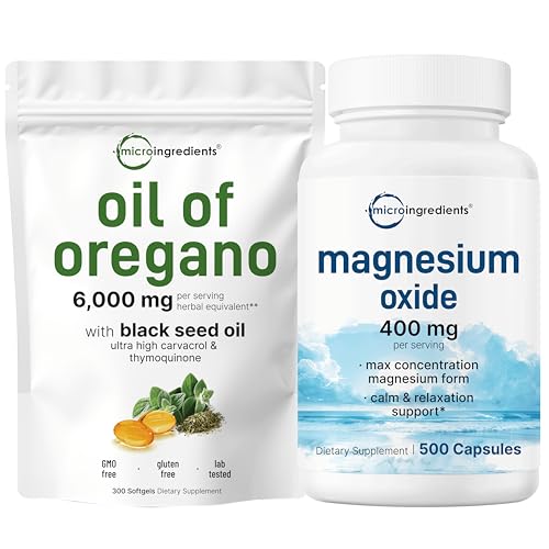 Micro Ingredients Oil of Oregano Softgels 6,000mg Per Serving & Magnesium Oxide 400mg Bundle Pack | 4X Strength Carvacrol & Thymoquinon | Elemental Form for Max Concentration