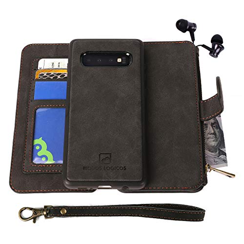 Samsung Galaxy S10 Case, Modos Logicos [Detachable Wallet Folio][2 in 1][Zipper Cash Storage][Up to 14 Card Slots 1 Photo Window] PU Leather Purse with Removable Inner Magnetic TPU Case - Black