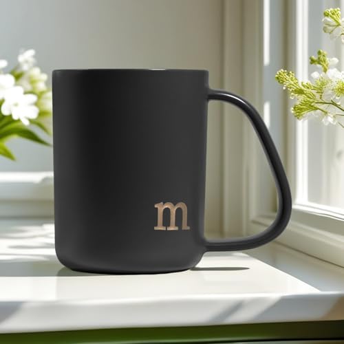 COLLECTIVE HOME - Ergonomic Handle Ceramic Mug, 15 oz Personalized Coffee Cup with Golden Initial, Microwave & Dishwasher Safe, Elegant Monogram Tea Mug in Gift Box for Home & Office (Black-m) - Image 4