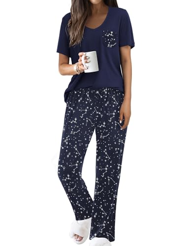 Ekouaer Pajama Sets for Women Short Sleeve Pj Set V Neck Sleepwear Chest Pocket with Long Pants Casual Loose Loungewear Navy Starry Sky L