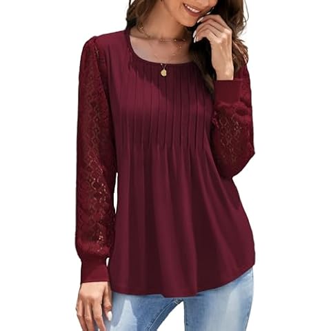 Funlingo Long Sleeve Shirts for Women Dressy Blouses Elegant Casual Crew Neck Pleated Tunic Tops Fall Office Comfy Ladies Tops and Blouses Wine Red Plus Size 2XL Cover