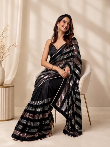 Image of TRENDMALLS Women's Georgette Embroidery Sequence Work Saree With Unstitched Blouse Piece