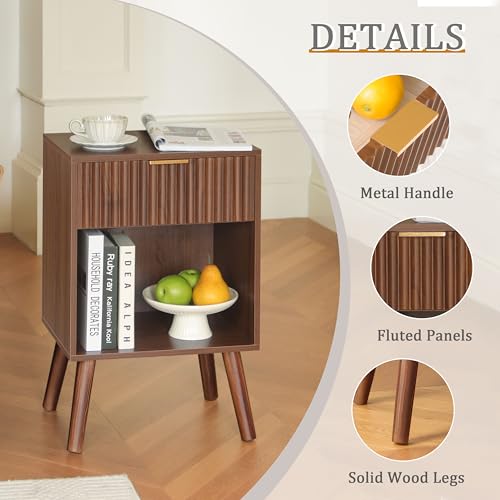 Image of Fultyle Walnut Nightstand, Modern Night Stand with Fluted Drawer and Open Storage, Wooden Bedside Table with Solid Wood Legs for Bedroom, Living Room, Office (Walnut Brown)