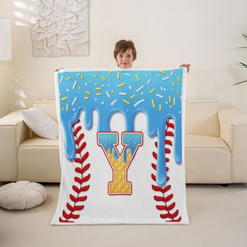 feelingyou Manta de crema de béisbol, lanzar tamaño helado gota postre primera letra Y manta lanzar para niños niñas textura de béisbol decoración del hogar para sofá