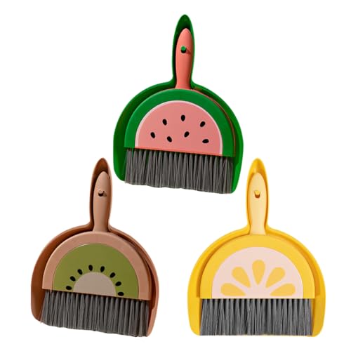 LOGOFUN 3 Sets Mini Broom and Dustpan Kit Household Fruits Theme Table Top Brush Small Sweeper Cleaning Tool for Home Office Desktop Supplies