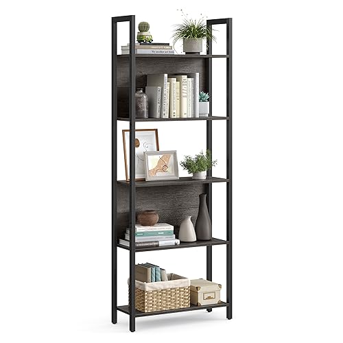 VASAGLE 5-Tier Bookshelf, Book Shelf, Industrial Bookcase, with Steel Frame, for Living Room, Home Office, Bedroom, 9.4 x 24.4 x 65 Inches, Charcoal Gray and Black ULLS025B04