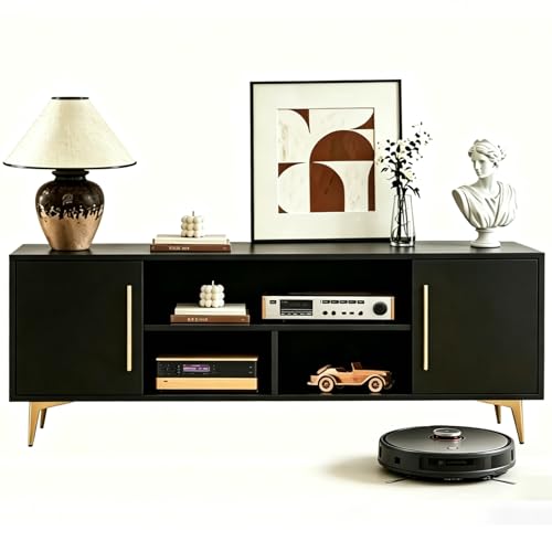 HOLTPHILI TV Stand for 55 65 Inch TV Entertainment Center for Living Room Bedroom TV Console with Gold Legs and Handles Black