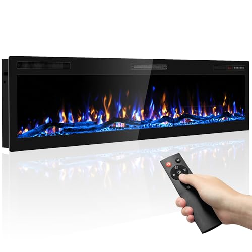 Ludatido 68 Inch Electric Fireplace Wall Mounted and Recessed with Remote Control, Color Adjustable/Realistic Flame W/Timer 1500/750W Fireplace Heater-(Pro/Log)