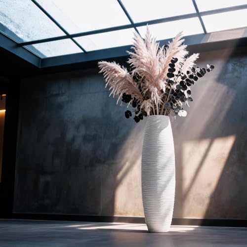 Image of Large Floor Vase 35.4 inch Matte White, Resin Wide-Body Vase with Horizontal Ribbed Texture for Dried Pampas Grass Branches, Modern Home Decor for Living Room Corner Entryway