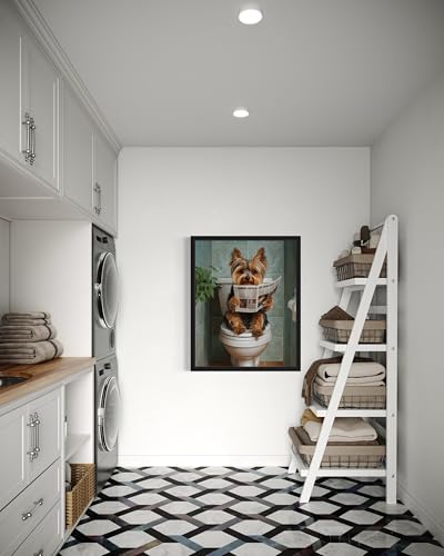 Image of Yorkshire Terrier on Toilet Black Framed Wall Art Print Poster, Dog Bathroom Humor Decor Posters Prints for Restroom Home Picture Painting Artwork Gallery 7 (Yorkshire Terrier, 14 inchL x 11 inchW, Black Frame)
