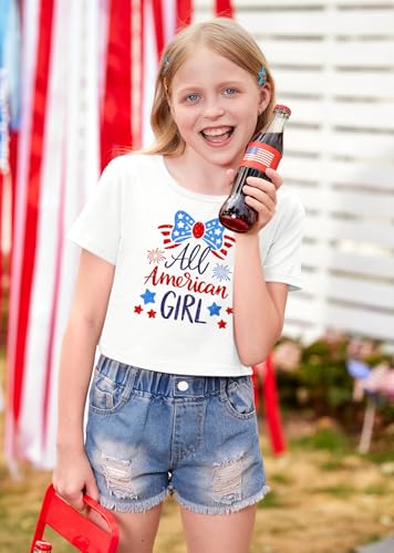 Image of BesserBay Kids Girls 4th of July Crop Tops American Flag Red White Blue Patriotic Bows USA Flag T-Shirts 6-14 Years