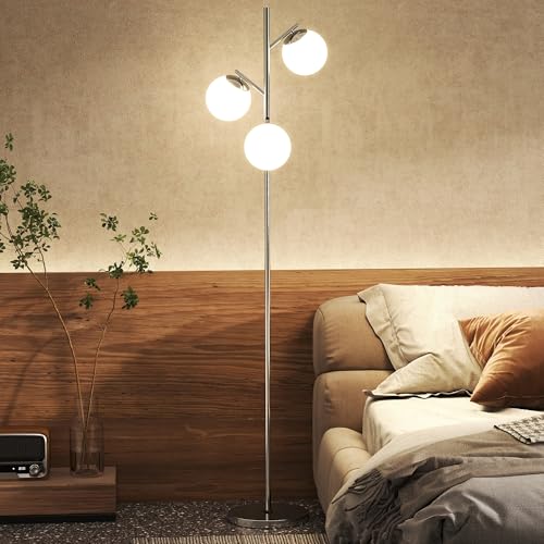 HOMCOM 3-Light Tree Floor Lamps for Living Room, Modern Standing Lamp for Bedroom with Globe Lampshade, Steel Base, Bulb not Included, Silver Tone