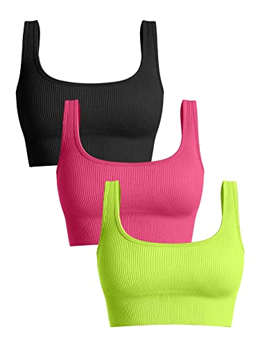 Oqq Women's 3 Piece Medium Support Tank Top Ribbed Seamless Removable Cups Workout Exercise Sport Bra Black Coral Grassgreen #TOP12