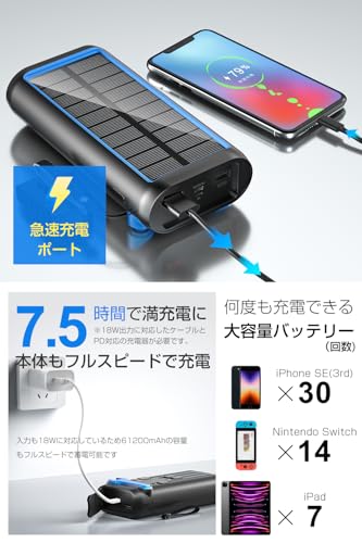Image of Solar Power Bank, Hand Crank Charging, 2025 New & Fast Charging, 22.5 W /PD18W, Solar Charger, 61,200 mAh, Disaster Prevention, Built-in 4 Cables, Type-C Mobile Battery, IPX7 Waterproof, Shockproof