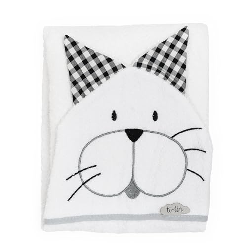 Ti TIN Baby-Badetuch mit Kapuze und Kätzchenohren, schwarz, 100 x 100 cm, Frottee aus 90% Baumwolle, extra weich und saugfähig, trocknergeeignet