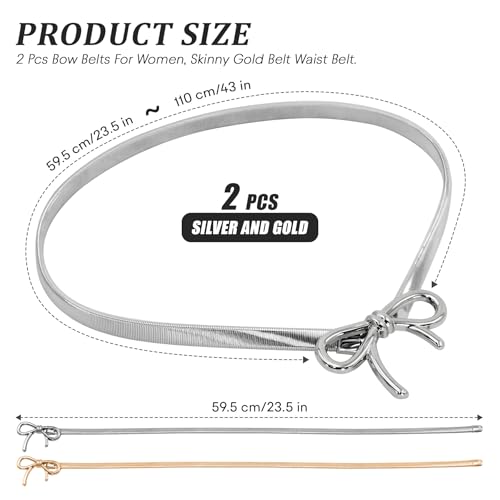 2 Pcs Bow Belts For Women, Skinny Gold Belt Waist Belt, Adjustable Stretchy Fashion Waistband With Bow-Knot for Dresses Jeans2