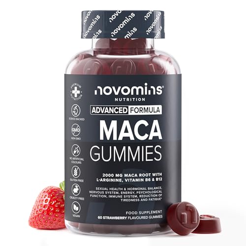 Novomins Gommes Maca 2000 mg - Racine de Maca du Pérou (Ratio 10:1) avec L-Arginine, Vitamine B12 et B6-60 Gommes Vegan Saveur Fraise - pour Hommes et Femmes...