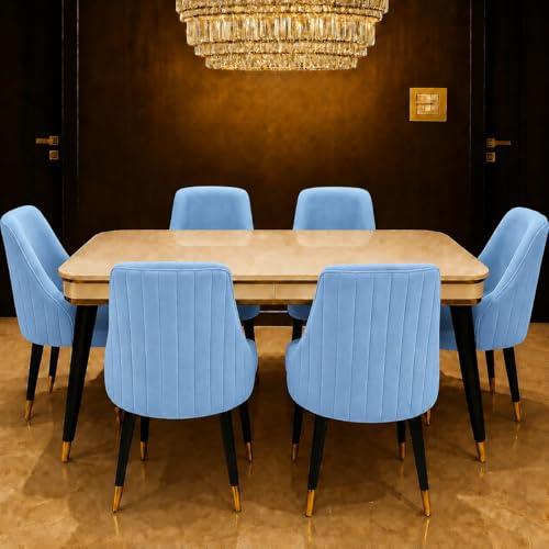 Image of WOODEN SPACE 6-Seater Wooden Dining Table Set | Nano Composite Marble Top | Solid Wood Base | Modern Dining Room Furniture with 6 Chairs (Sky Blue Infinity Backline)