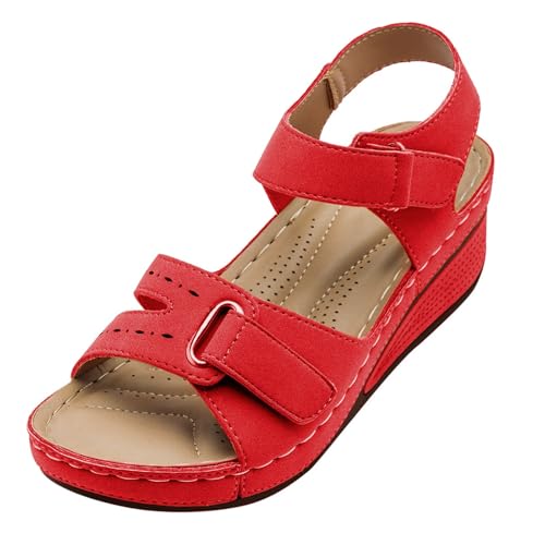 Image of Womens Sandals Hook And Loop Fastener Strap For Women Ladies Girls Comfortable Causal Shoes (Red, 3) Beach Holiday