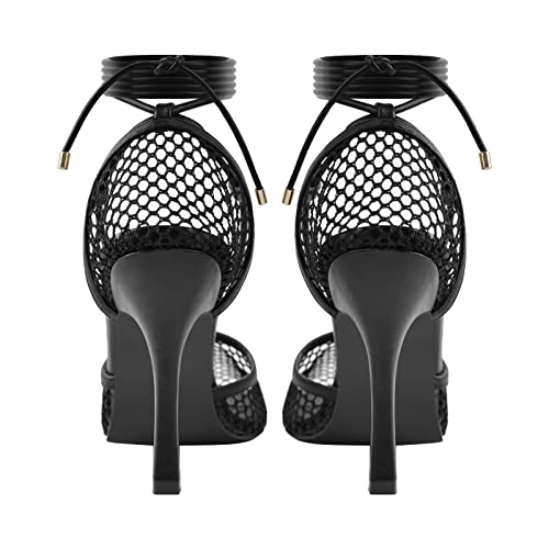 Richealnana Women's Mesh Pumps Sandals Female Square Toe High Heel Lace Up Cross-Tied Stiletto Hollow Sandals Birthday Party Strappy Heeled Sandals Black Us 9 #TOP3