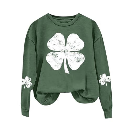 St Patrick Day Trèfle Porte-bonheur Sweatshirt Décontracté Femme Col Rond Manches Longues, Imprimé Irish Day Green Top, Blanc., 3XL