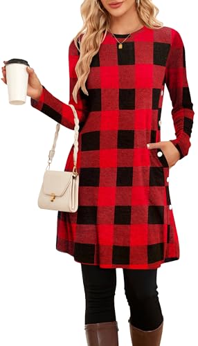 SENBATU Vestido Tipo Jersey para Mujer, Invierno, otoño, Swing, Vestidos de Navidad para Mujer con Bolsillos Cuadros Rojo Negro Large