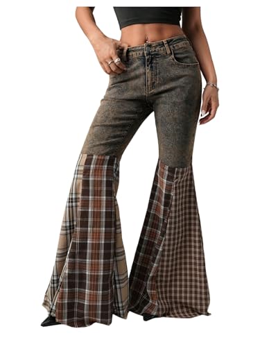 MakeMeChic Women's Plaid Jeans Bell Bottom Wide Leg Bootcut Jeans Flare Y2k Vintage Denim Pants
