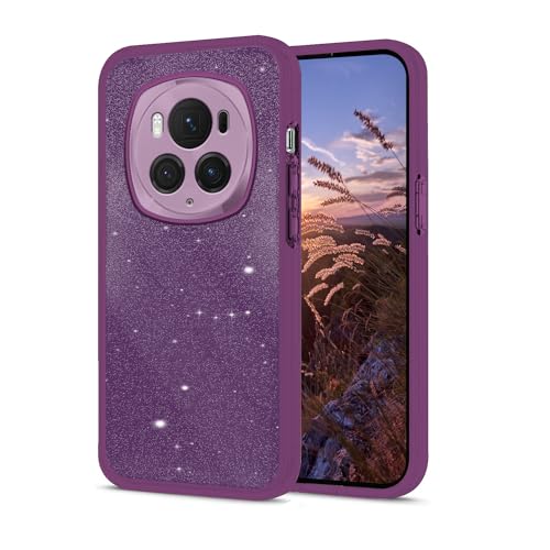 Wousunly Compatible with Honor Magic 6 Pro Case Glitter Shockproof, for Honor Magic 6 Pro Phone Case Clear Silicone Pink Double Layer Detachable TPU and PC Thin Protective Case (Dark Purple)