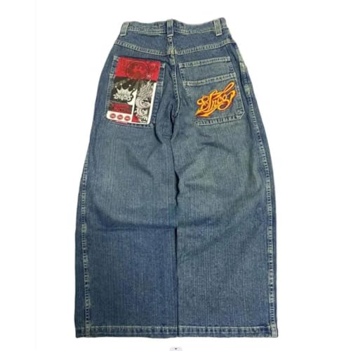 ORANDESIGNE Y2k Jeans Herren Hip Hop Retro Schädel Stickerei Gewaschen Baggy Denim Hose Z08 Blau Lässig Lose Weites Bein Hose Streetwear S