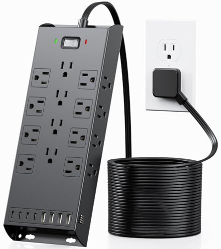 Image of Surge Protector Power Strip 4800J, LeZone 10Ft Long Extension Cord Flat Plug, 20 Outlets 8 USB Ports(4 USB-C), Wall Mountable, Desk Charging Station, Black